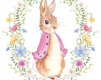 Peter Rabbit Watercolor Clipart, Pink Jacket, Floral Wreath (PNG Digital Download)