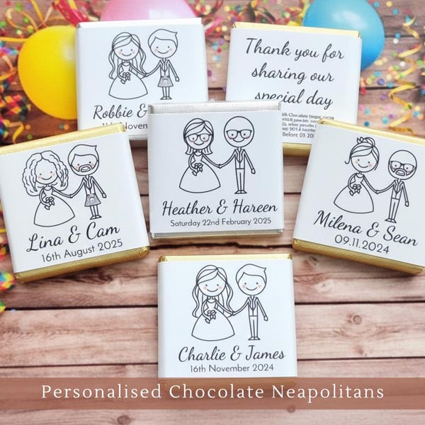 Personalised Wedding Favour Chocolates: Mr & Mrs Cartoon Couple Neapolitan Treats