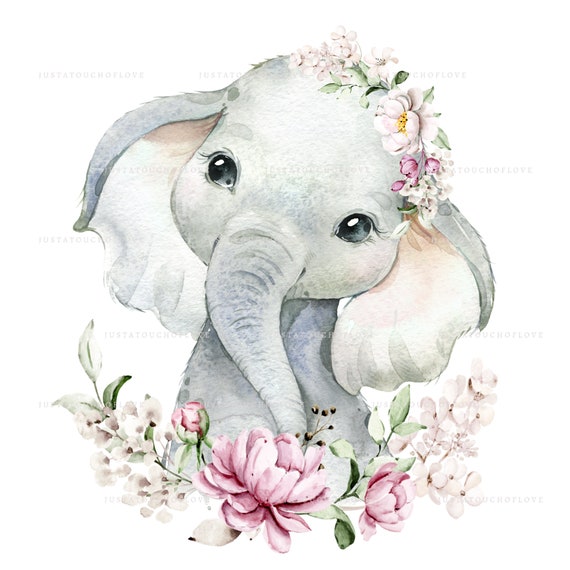 Watercolour Cute Elephant With Pink Summer Flowers Printable.