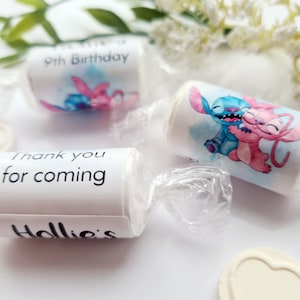 Personalised Lilo & Stitch Blue and Pink Thank You Birthday Party Favours Love Heart Rolls