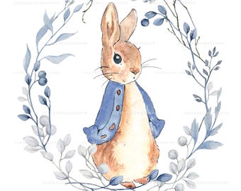 Digitale aquarel Peter Rabbit | Blauwe bloemenkrans bloemen | Directe download van png-afbeeldingen