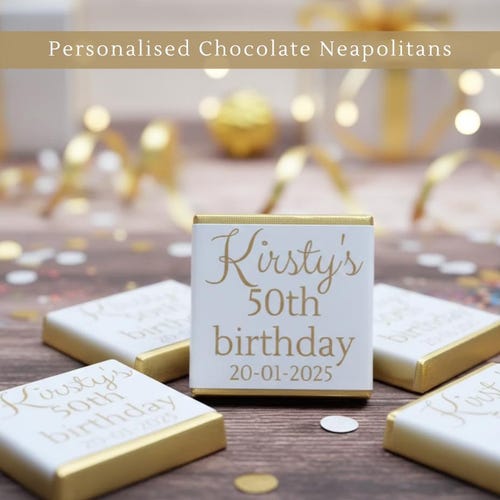 Personalised Birthday Chocolate Favours: Gold or Silver Text Neapolitan Squares