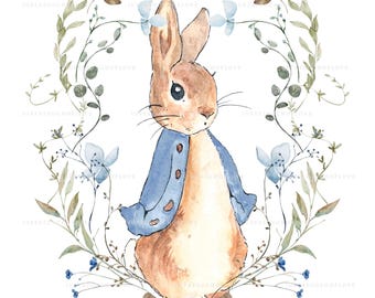 Digitale aquarel Peter Rabbit | Blauwe bloemen wilde bloemen | Directe download van png-afbeeldingen