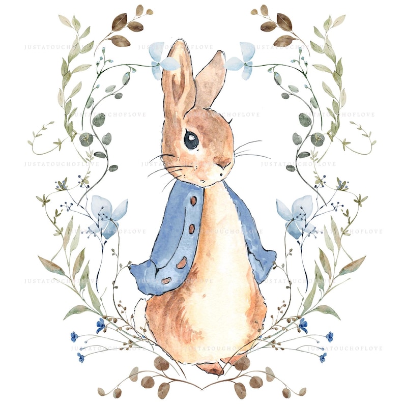 Watercolour Digital Peter Rabbit | Blue Floral Wildflowers | Instant ...