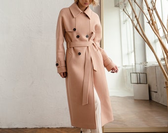 Wool Trench coat, Pink Trench coat, Wool coat women, Fall autumn coat, Long trench coat, Lined winter overcoat /Helen