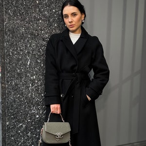 Long black wrap wool coat, Maxi heavy coat with belt, Lined warm winter overcoat, A-line oversized woolen coat /Lora