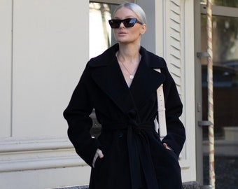 Soft black Wool blend coat with Cashmere, Luxury wrap wool coat, Long winter lined coat, 100% pure wool raglan overcoat /Jaklin