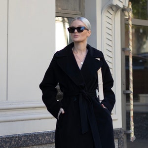 Soft black cashmere wool coat, Luxury wrap wool coat, Long winter double-breasted lined coat, 100% pure wool raglan overcoat /Jaklin