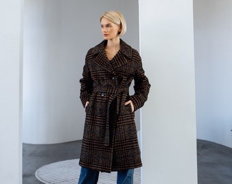 Brown wool coat, Warm wool coat, Petite coat, Wool coat women, Plaid coat, Black wool coat, Warm winter coat, Short coat, Midi coat /Rusya