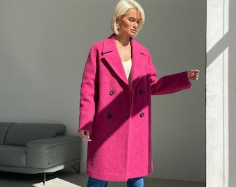 Hot pink coat, Wool coat women, Cocoon mohair coat, Fuchsia coat, Pink wool coat, Short petite coat, Warm winter coat, Women peacoat /Dina