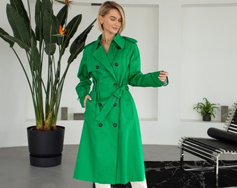 Green Trench Coat Kelly green coat Trench coat women Long coat Spring trench coat Lime green overcoat Long trench coat Lined coat