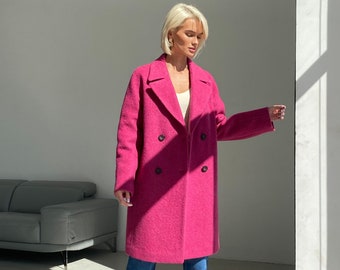 Short hot pink wool coat, Mohair  peacoat, Petite fuchsia warm winter coat, 100% wool coat, Double-breasted woolen overcoat /Dina