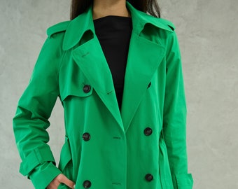 Green waterproof trench coat, Kelly green raincoat, Long oversized spring trench coat, Mint green belted trench coat, Lined overcoat