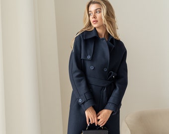 Navy wool trench coat, Wool coat women, Long trench coat, Warm lined winter coat, Oversized heavy woolen overcoat /Helen