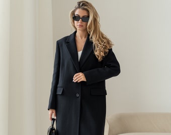 Long black wool coat, Single-breasted power shoulder overcoat, Long oversized fall autumn coat, Boyfriend warm winter coat  /Alexa