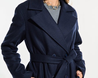 Navy Blue Wool Overcoat, Lined Double-Breasted Belted Coat /Slava3