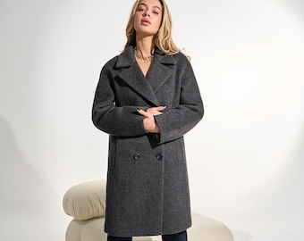 Short dark gray wool coat, Petite women's peacoat, Warm winter coat, Fall autumn coat, Charcoal grey oversized coat /Dina