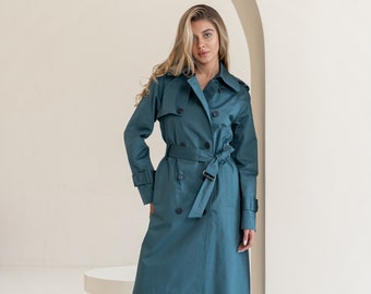 Deep Teal Trench Coat Blue green Oversized Fall Spring Coat