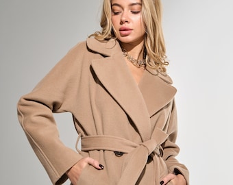 Warm Taupe cashmere coat, Long Mocha-Light Camel 100% wool coat, Wrap overcoat with belt, Lined warm winter double-breasted coat /Jaklin