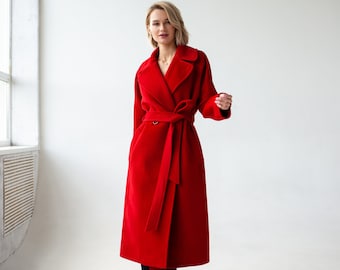 Red Coat, Wool Coat women, Red wrap coat, Long wool Coat, Warm winter coat, Lined coat with belt, Raglan overcoat, Oversized coat /Jaklin