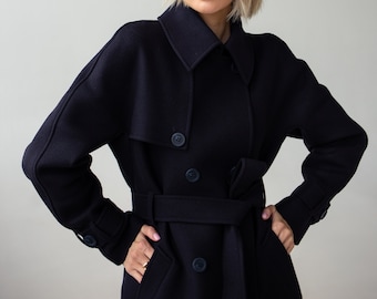Navy wool trench coat, Wool coat women, Raglan coat, Warm winter coat, Oversized coat with lining, Navy wool coat with belt  /Helen