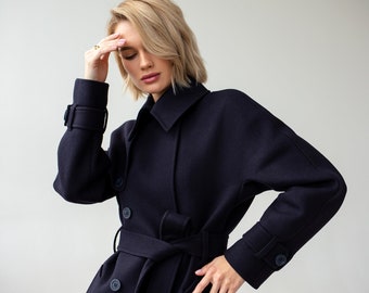 Navy wool trench coat, Wool coat women, Raglan coat, Warm winter coat, Oversized coat with lining, Navy wool coat with belt  /Helen