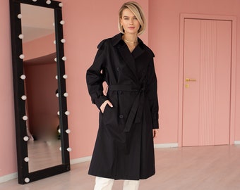 Short black trench coat, Trench coat woman, Knee-length trench overcoat, Double-breasted trench coat with belt, Petite trench jacket