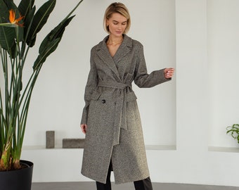 Black & white cashmere wool coat, Tweed overcoat with belt, Double-breasted drop shoulder coat, Lined warm winter coat /Slava_2
