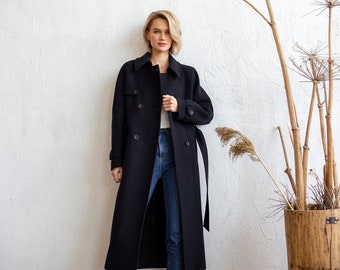 Black wool trench coat, Wool coat women, Warm lined winter overcoat,  Oversized  double-breasted raglan coat with belt  /Helen