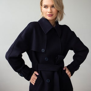 Navy wool trench coat, Wool coat women, Raglan coat, Warm winter coat, Oversized coat with lining, Navy wool coat with belt  /Helen