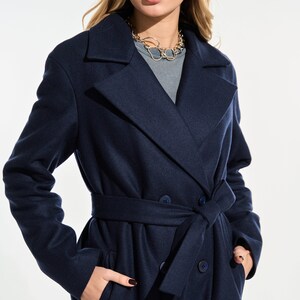 Navy blue wool coat, Long wool overcoat, Lined fall autumn coat with belt, Straight double-breasted drop shoulder coat /Slava_3