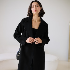Black wrap cashmere wool coat, Soft luxury wool coat, Long winter double-breasted lined coat, 100% pure wool raglan overcoat /Jaklin
