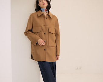 Camel shirt wool jacket, Light brown short wool overcoat, Single-breasted fall coat, Petite tan woolen jacket with flap pockets  /Maria