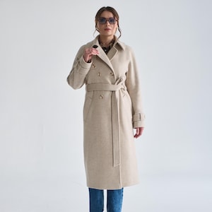 Beige wool trench coat, Long fall autumn overcoat, Warm lined winter trench coat, Cream woolen coat with belt /Helen