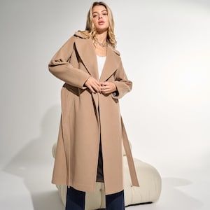 Warm Taupe cashmere coat, Long Mocha-Light Camel 100% wool coat, Wrap overcoat with belt, Lined warm winter double-breasted coat /Jaklin