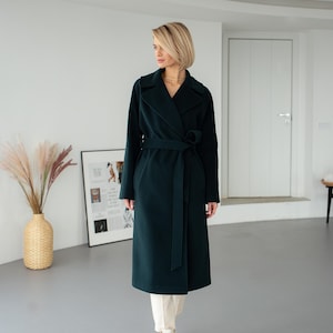 Green wrap wool coat, Wool Coat women, Dark green coat, Long wool coat, Warm winter coat, Lined coat, Raglan overcoat /Jaklin