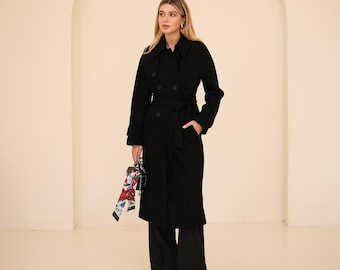 Terracotta Wool Trench Coat, Burnt Orange Long Belted Winter