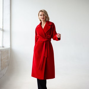 Red Coat, Wool Coat women, Red wrap coat, Long wool Coat, Warm winter coat, Lined coat with belt, Raglan overcoat, Oversized coat /Jaklin