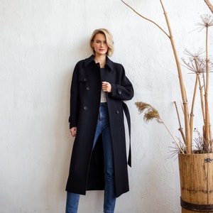 Black wool trench coat, Wool coat women, Winter trench coat, Warm winter coat, Oversized with belt, Raglan overcoat, Lined coat