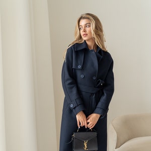 Navy wool trench coat, Wool coat women, Long trench coat, Warm lined winter coat, Oversized heavy woolen overcoat /Helen