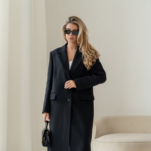 Long black wool coat, Single-breasted power shoulder overcoat, Long oversized fall autumn coat, Boyfriend warm winter coat  /Alexa