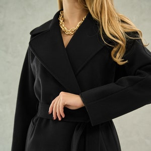 Black wrap cashmere wool coat, Soft luxury wool coat, Long winter double-breasted lined coat, 100% pure wool raglan overcoat /Jaklin