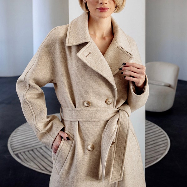 Long beige wool coat, Cream woolen coat, Lined warm winter coat, Double-breasted wool coat with belt, Raglan sleeve overcoat /Annet