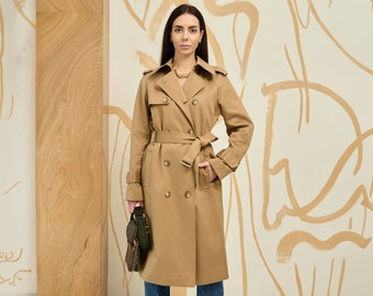 Camel brown cotton trench coat, Tan trench coat women,  Spring fall trench coat, Lined overcoat, Long oversized trench coat