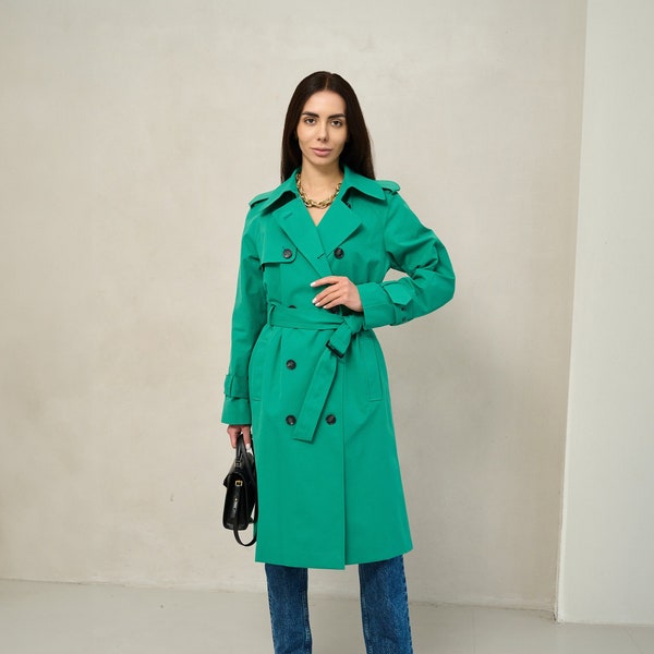 Mint green waterproof trench coat, Kelly green raincoat, Long oversized spring trench coat, Pastel green belted trench coat, Lined overcoat