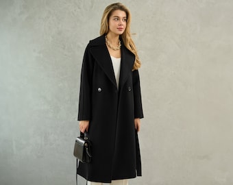 Black wrap cashmere wool coat, Soft luxury wool coat, Long winter double-breasted lined coat, 100% pure wool raglan overcoat /Jaklin