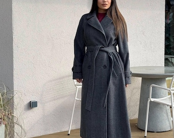 Plaid Maxi Gray Wool Coat, Long Grey Wrap Coat, Lined Warm Winter
