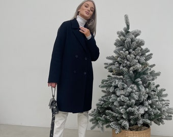 Short Navy Wool coat, Women's Warm Winter Overcoat /Dina