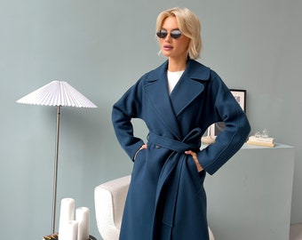 Pale Blue Wrap Wool Coat – Long Woolen Warm Overcoat with Belt /Jaklin
