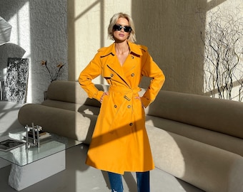 Yellow trench coat, Orange coat, Waterproof trench coat, Spring trench coat, Cotton trench, Lined jacket, Oversized coat, Long trench coat